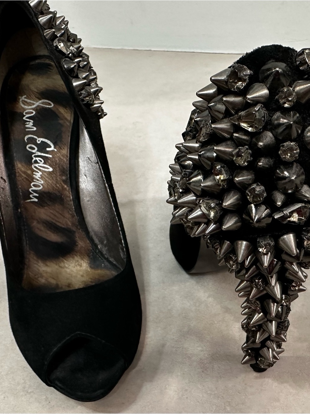 Sam Edelman Black Suede Peep-Toe Heels with Gunmetal Spike Embellishments